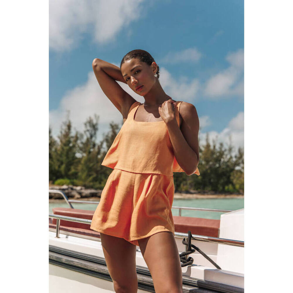 Lulus Effortless Escape Light Orange Linen Sleeveless Flounce Romper - Size M